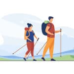 Couple with backpacks walking outdoors